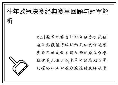 往年欧冠决赛经典赛事回顾与冠军解析